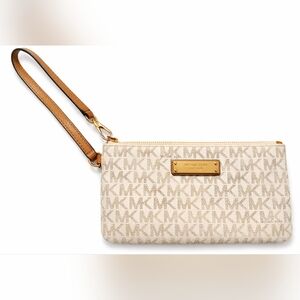 Michael Kors MK Logo Wristlet Vanilla PVC Gold Hardware Like New